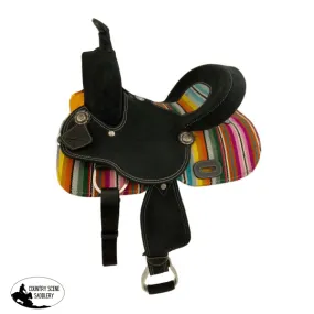 12"  Black roughout barrel saddle with wool serape saddle blanket inlay and skirts. Youth SEMI QH