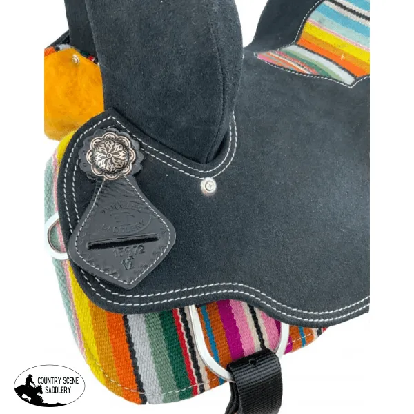 12"  Black roughout barrel saddle with wool serape saddle blanket inlay and skirts. Youth SEMI QH