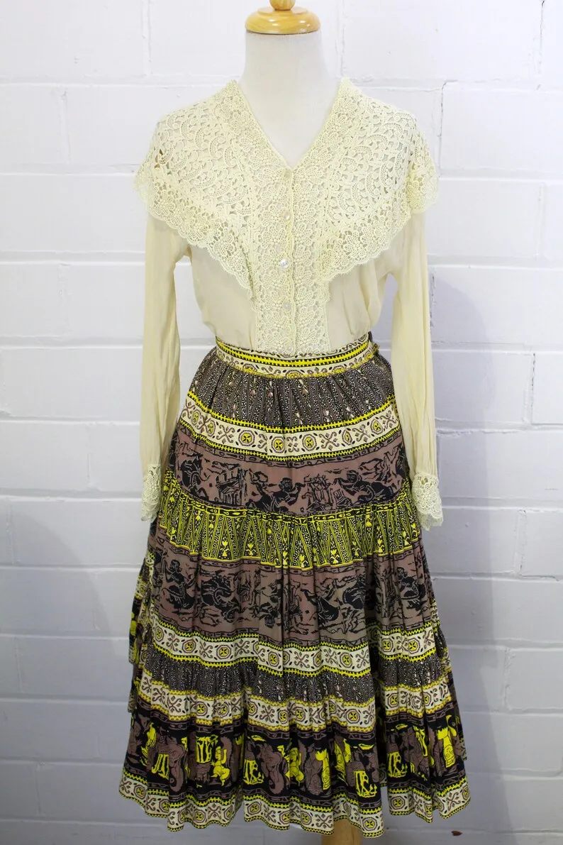 1950s Brown and Yellow Novelty Print Skirt, XS