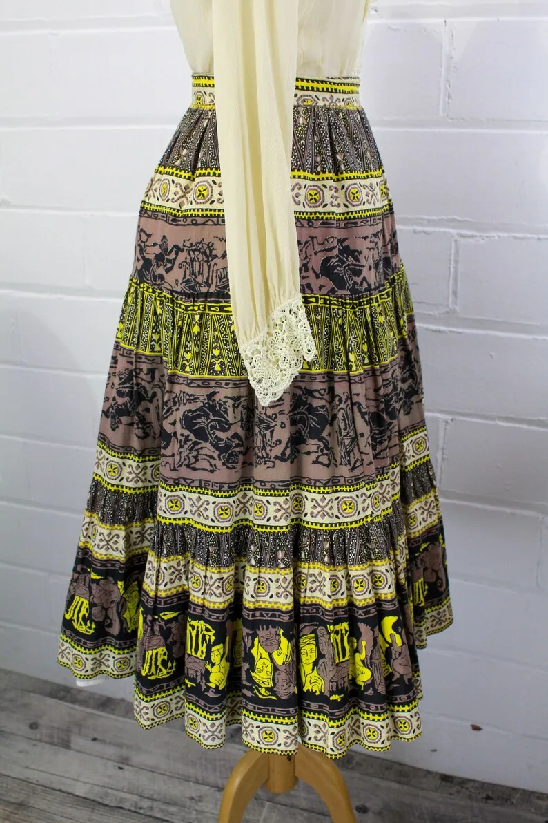 1950s Brown and Yellow Novelty Print Skirt, XS