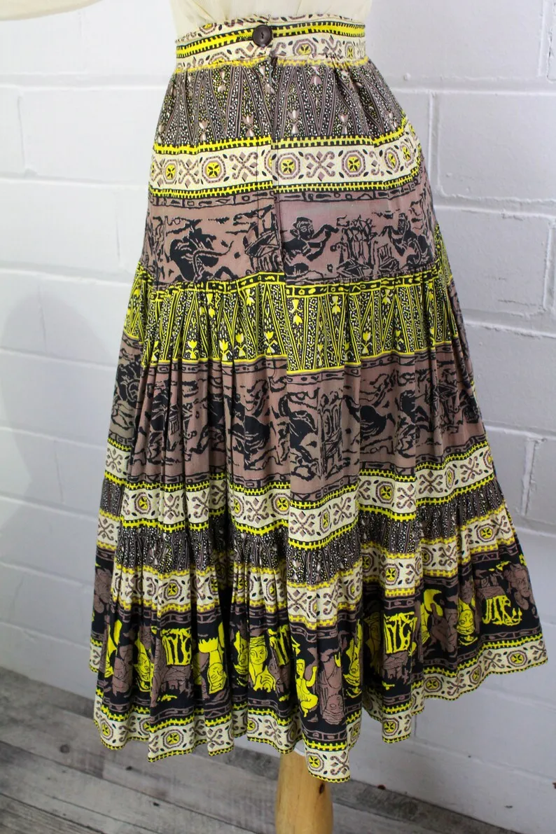 1950s Brown and Yellow Novelty Print Skirt, XS