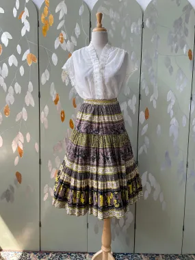 1950s Brown and Yellow Novelty Print Skirt, XS