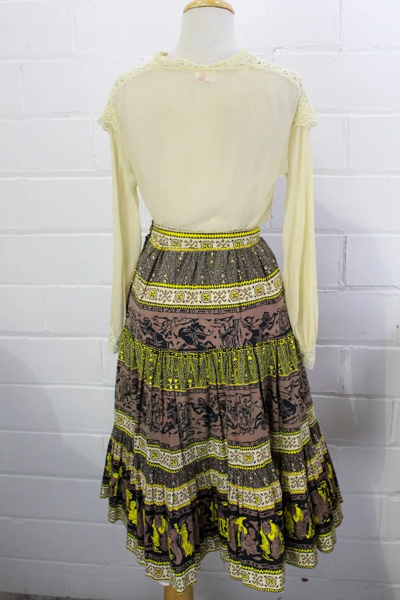 1950s Brown and Yellow Novelty Print Skirt, XS