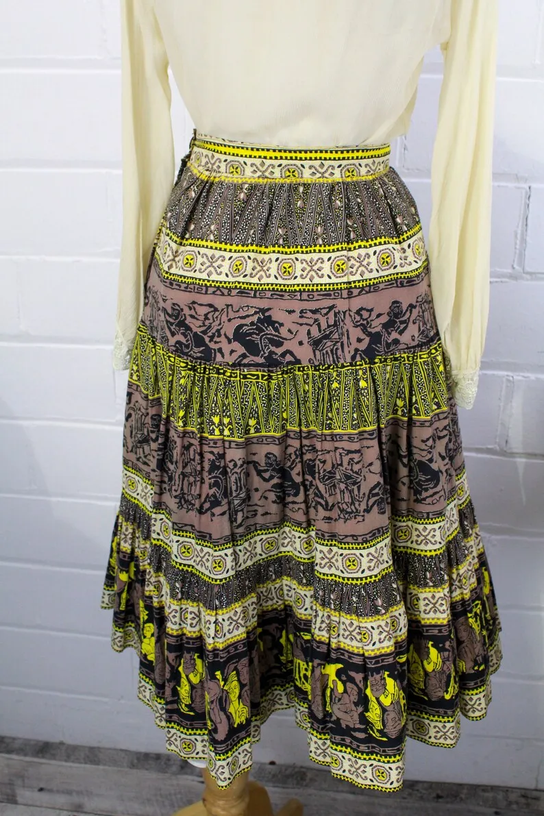 1950s Brown and Yellow Novelty Print Skirt, XS