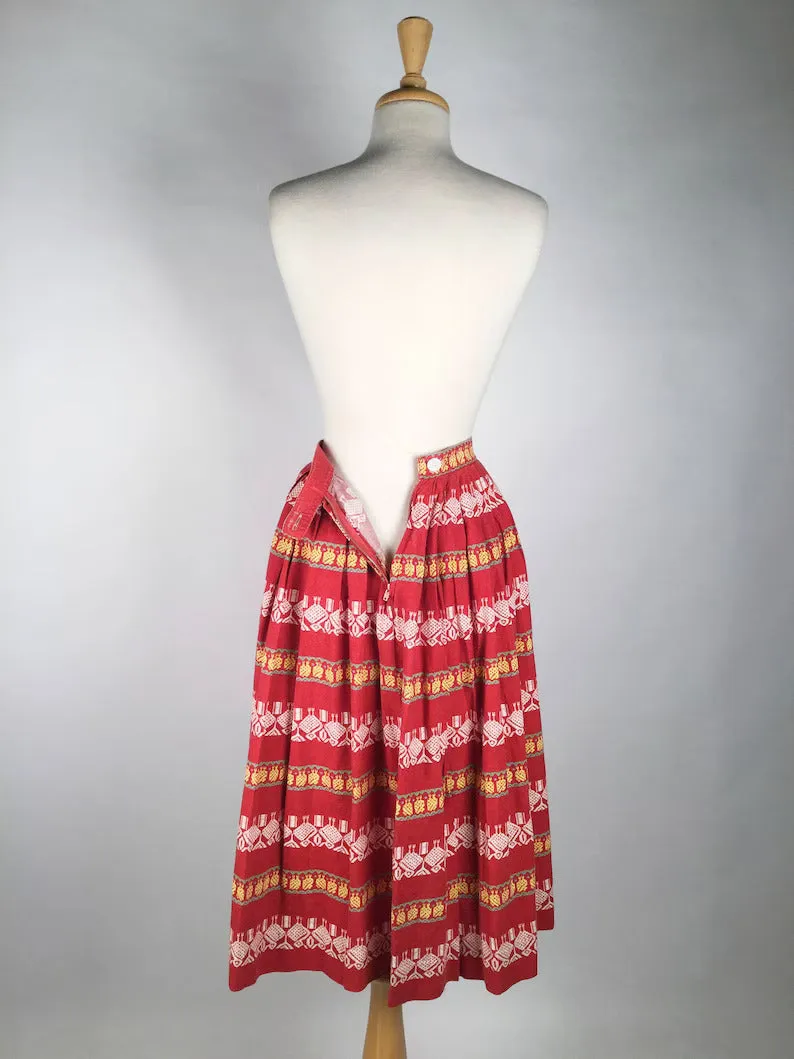 1950s Novelty Red and Yellow Patio Skirt, XS