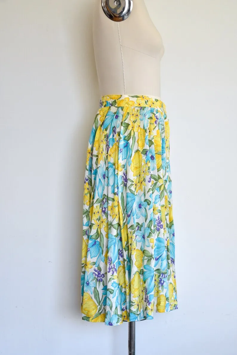 1950s/60s J. Tiktiner Blue and Yellow Floral Button Front Skirt, 27" Waist