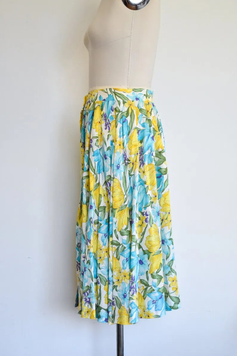 1950s/60s J. Tiktiner Blue and Yellow Floral Button Front Skirt, 27" Waist