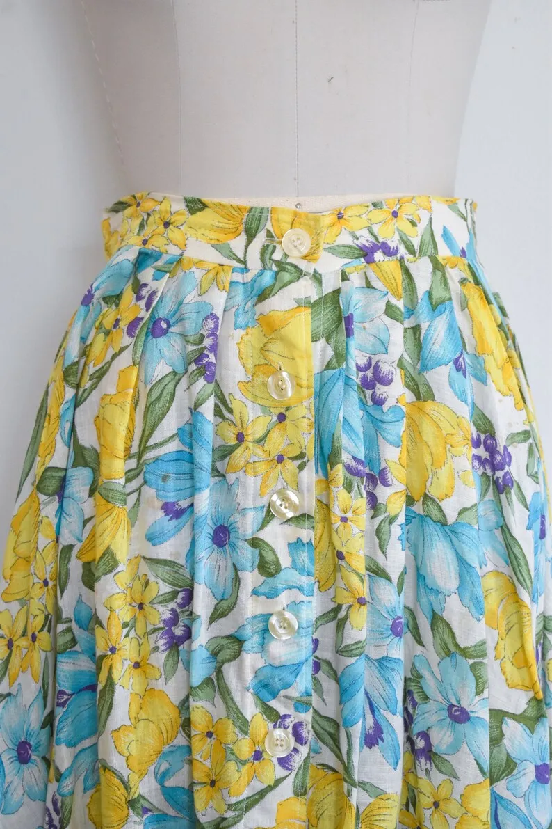 1950s/60s J. Tiktiner Blue and Yellow Floral Button Front Skirt, 27" Waist