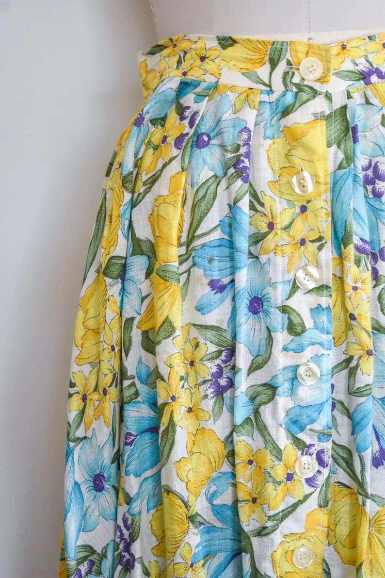 1950s/60s J. Tiktiner Blue and Yellow Floral Button Front Skirt, 27" Waist