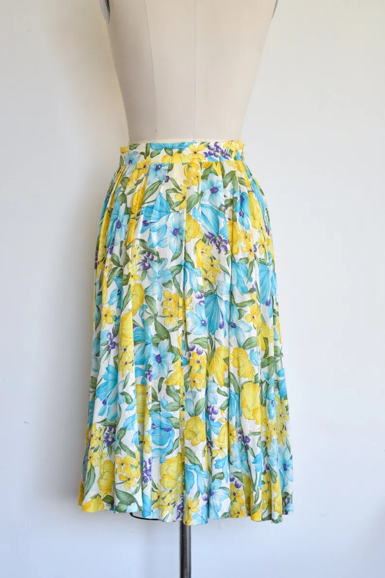 1950s/60s J. Tiktiner Blue and Yellow Floral Button Front Skirt, 27" Waist