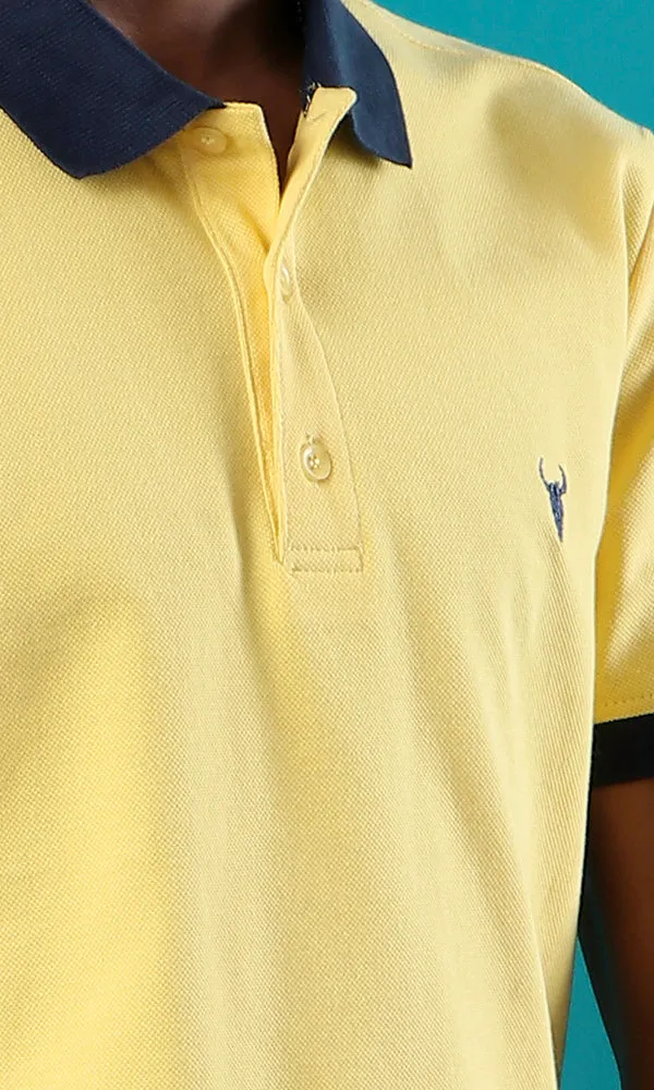 28299 Pique Buttoned Neck Yellow Basic Polo Shirt