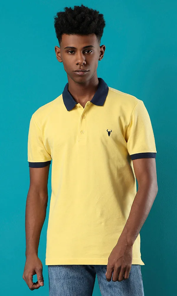 28299 Pique Buttoned Neck Yellow Basic Polo Shirt