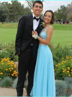 A Line Round Neck 2 Pieces Light Blue Long Prom Dress, Blue Formal Dress