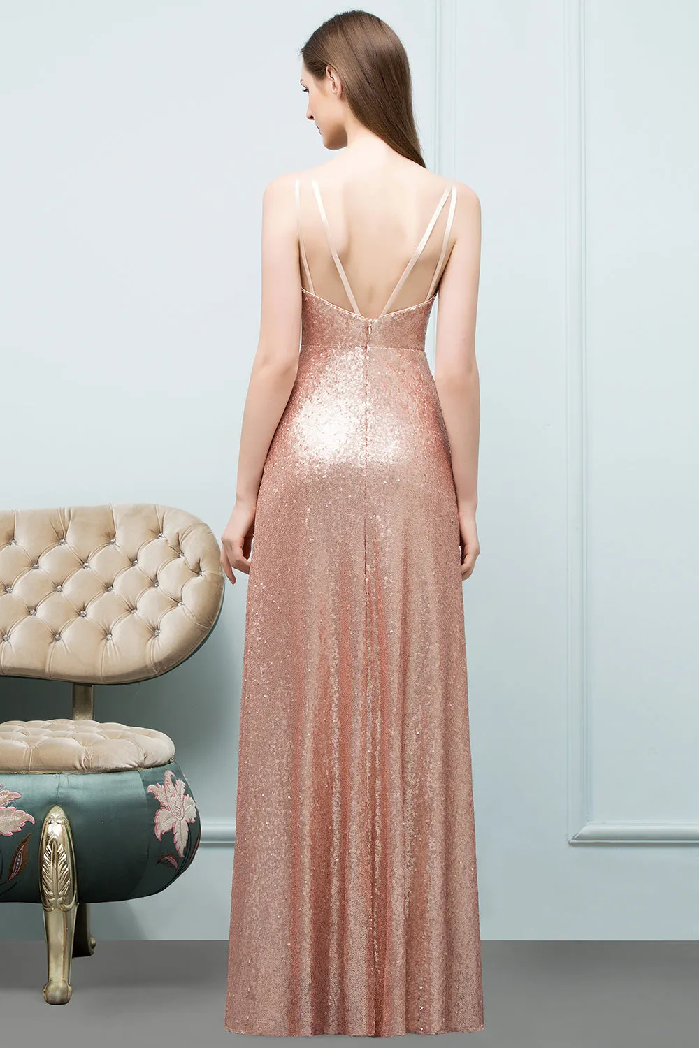 A-line Sequined Scoop Sleeveless Long Bridesmaid Dresses