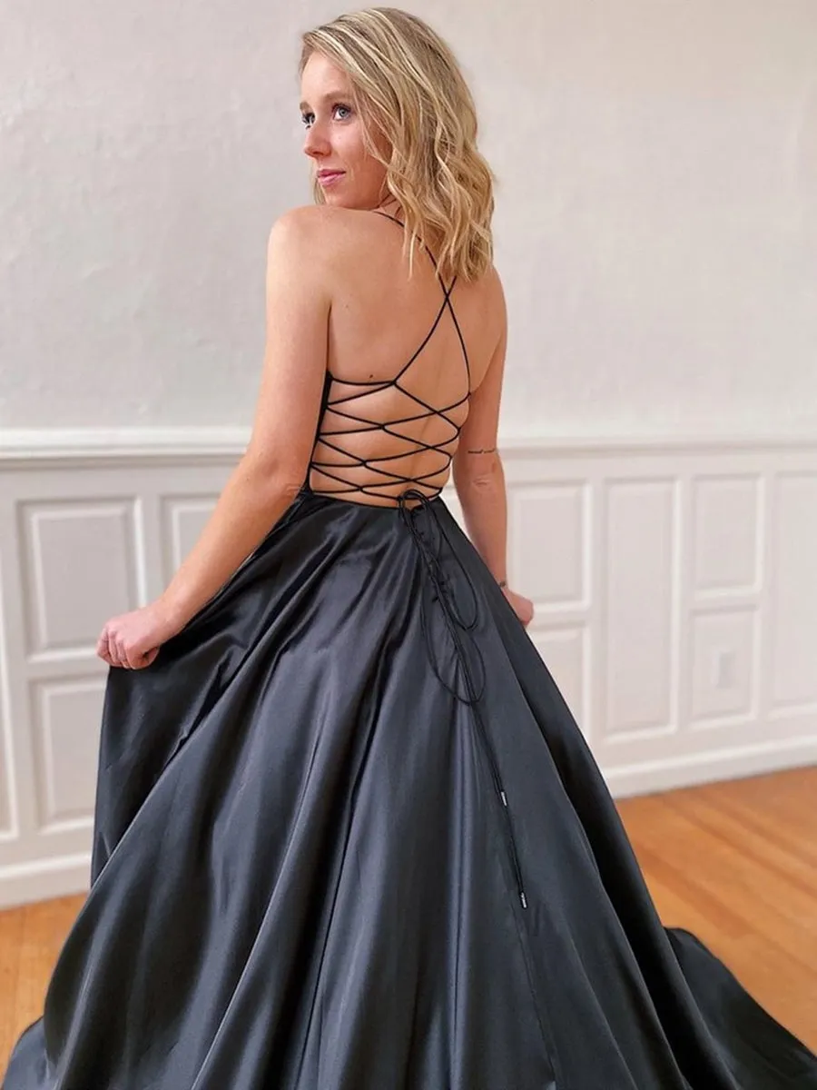 A Line V Neck Backless Black Long Prom Dresses, Backless Black Formal Dresses, Black Evening Dresses, Party Dresses