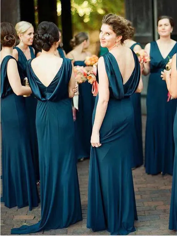 A-line V-neck Sweep Train Backless Navy Blue Bridesmaid Dresses, BG165