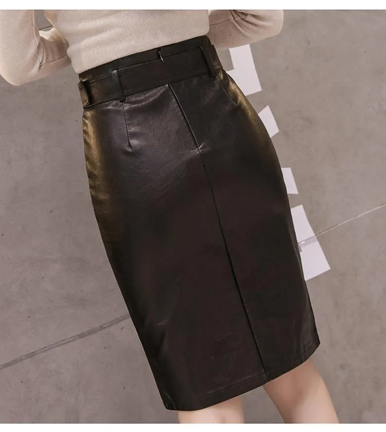 High-Waist Synthetic Leather Midi Pencil Skirt with Front Split for Autumn/Winter