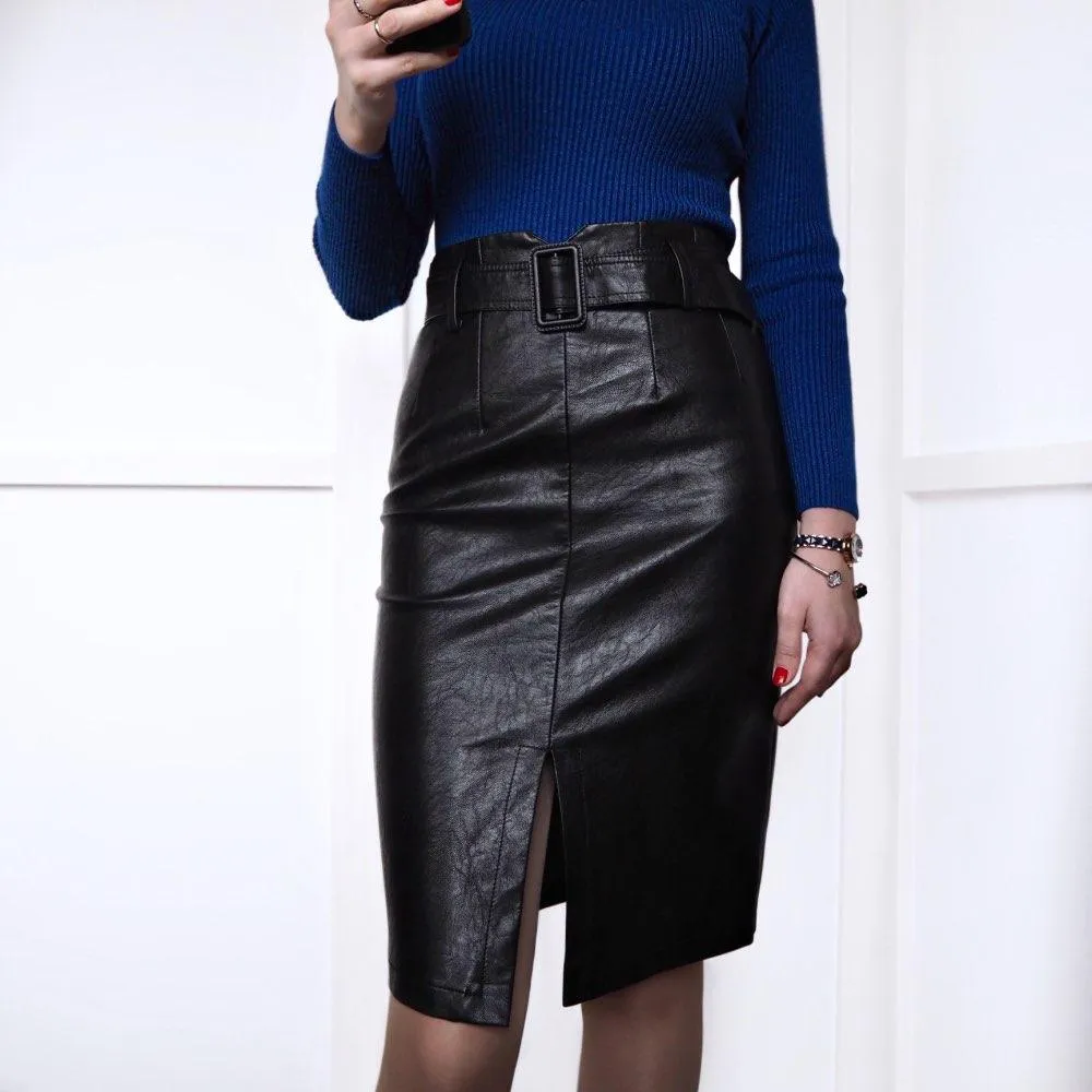 High-Waist Synthetic Leather Midi Pencil Skirt with Front Split for Autumn/Winter