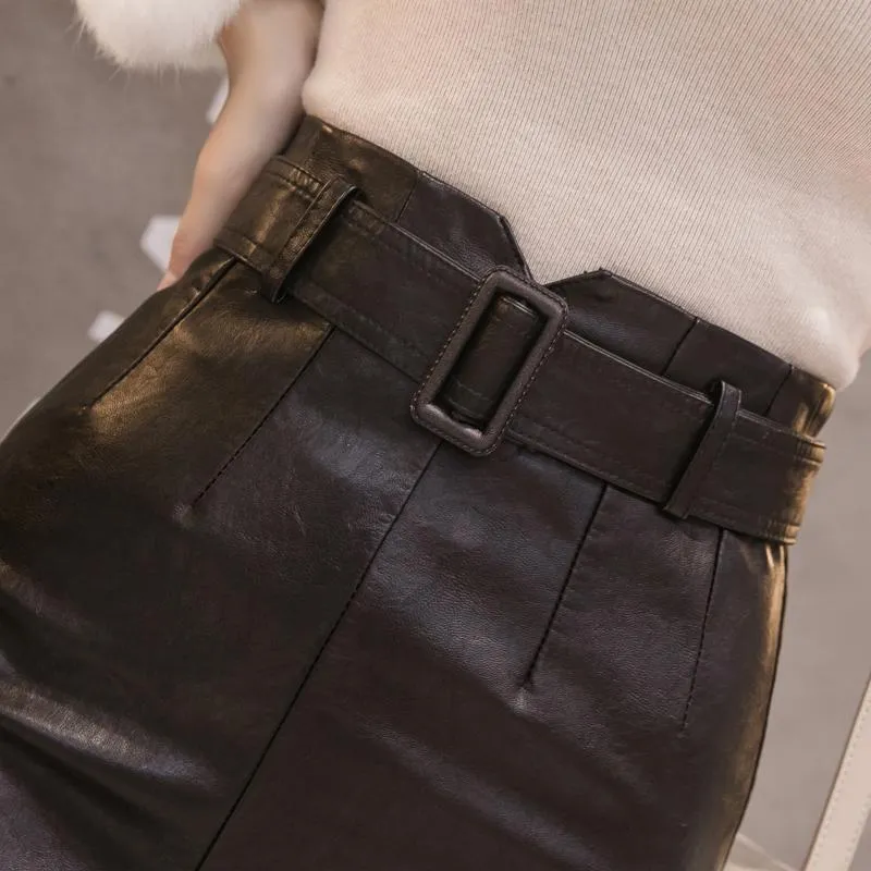 High-Waist Synthetic Leather Midi Pencil Skirt with Front Split for Autumn/Winter