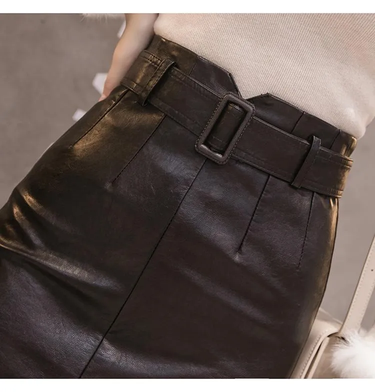 High-Waist Synthetic Leather Midi Pencil Skirt with Front Split for Autumn/Winter