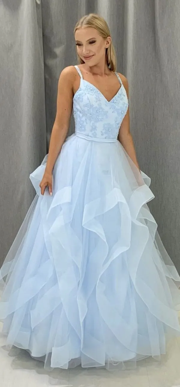 Beaded Long A-line Prom Dresses, School Evening Party Prom Dresses, Sky Blue Prom Dresses