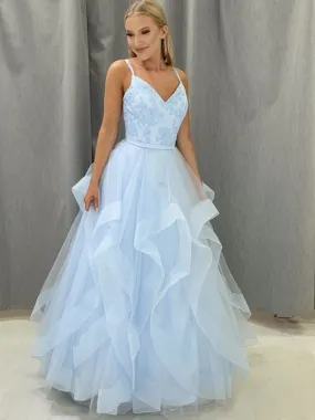 Beaded Long A-line Prom Dresses, School Evening Party Prom Dresses, Sky Blue Prom Dresses