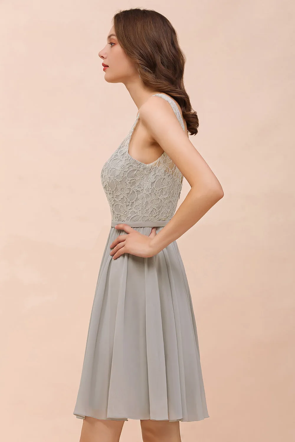 Beautiful Short A-line V-neck Wide Straps Appliques Lace Chiffon Bridesmaid Dress