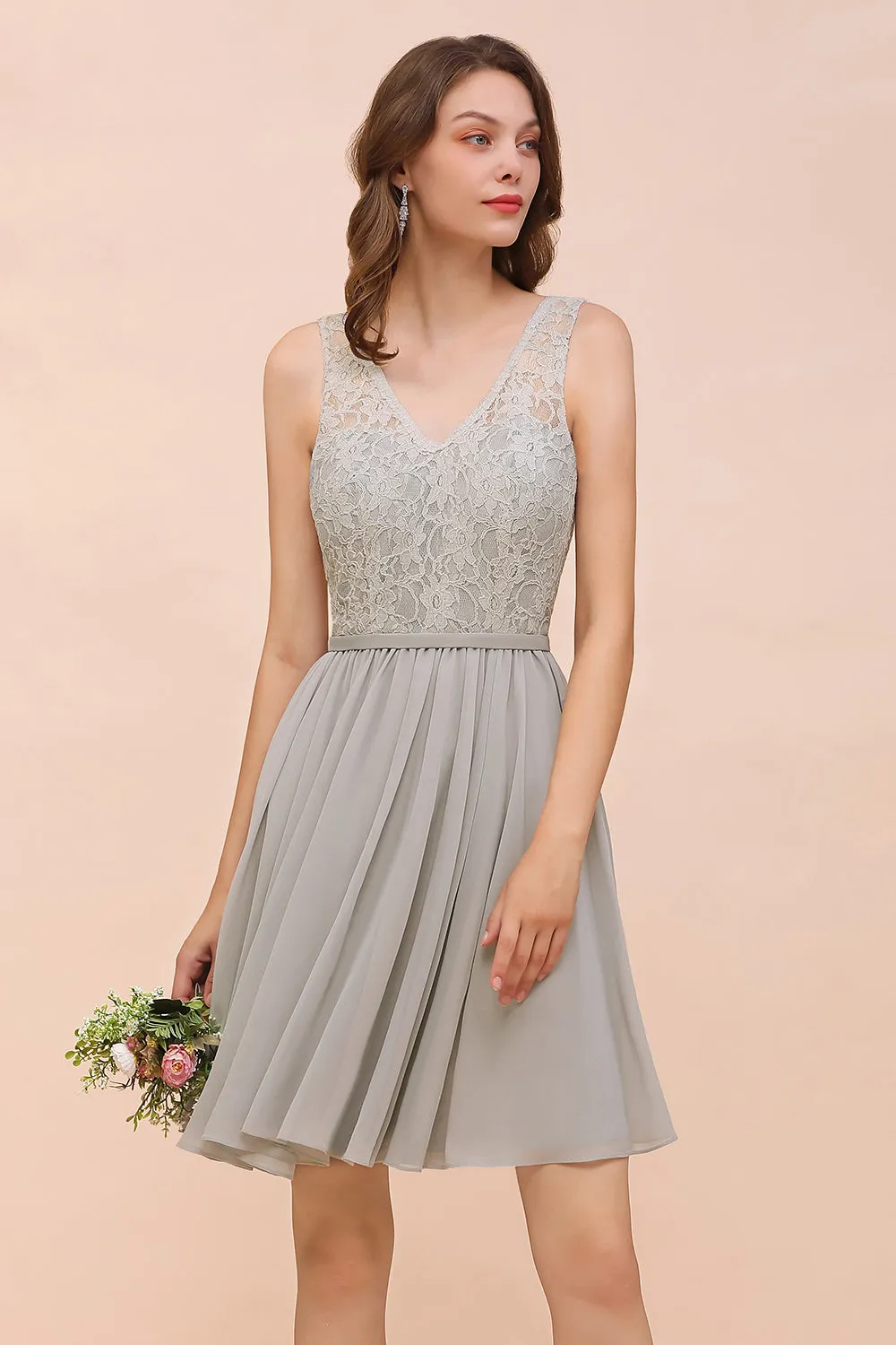 Beautiful Short A-line V-neck Wide Straps Appliques Lace Chiffon Bridesmaid Dress