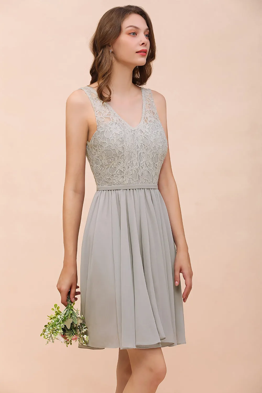 Beautiful Short A-line V-neck Wide Straps Appliques Lace Chiffon Bridesmaid Dress