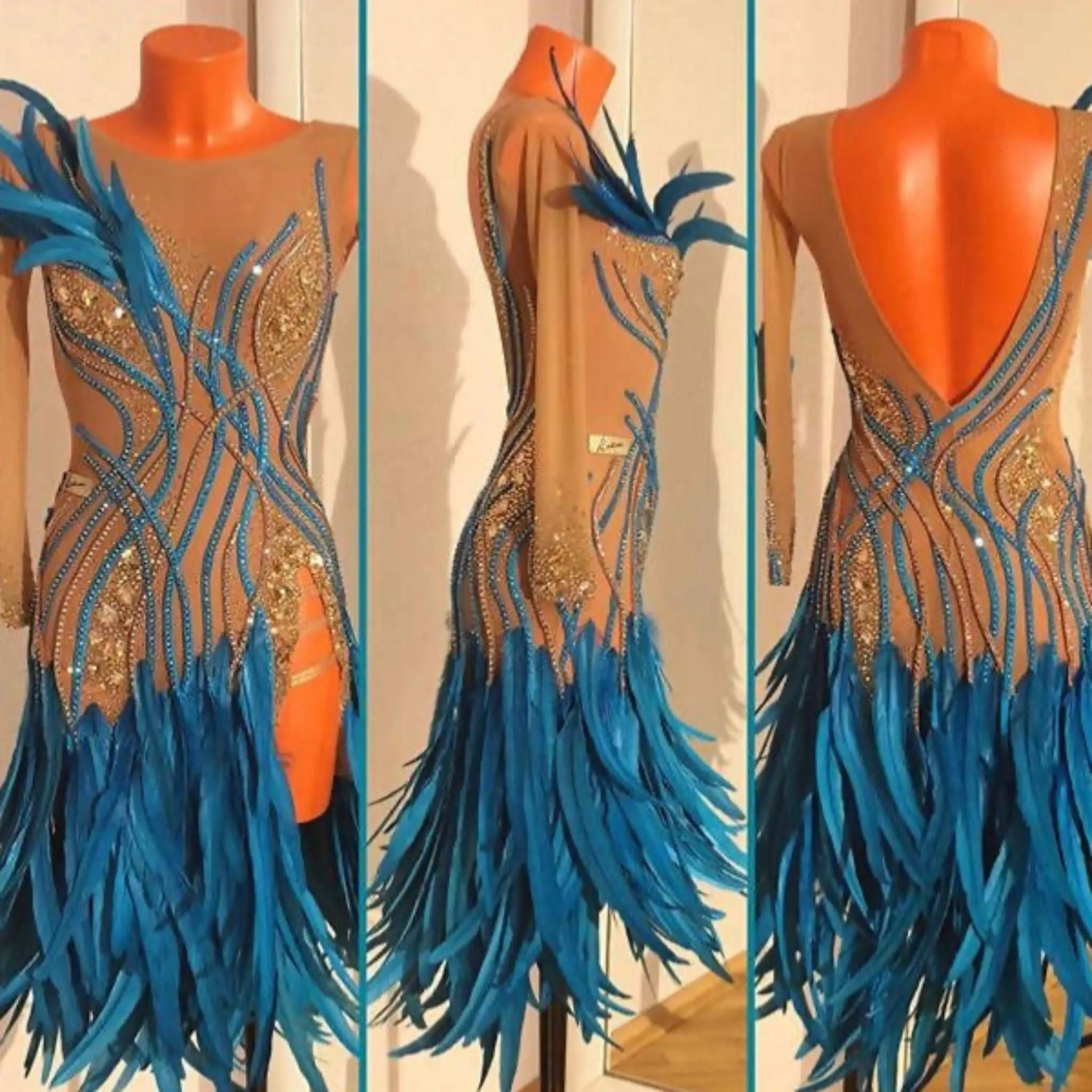 Beige & Blue Latin Dress with Feathers