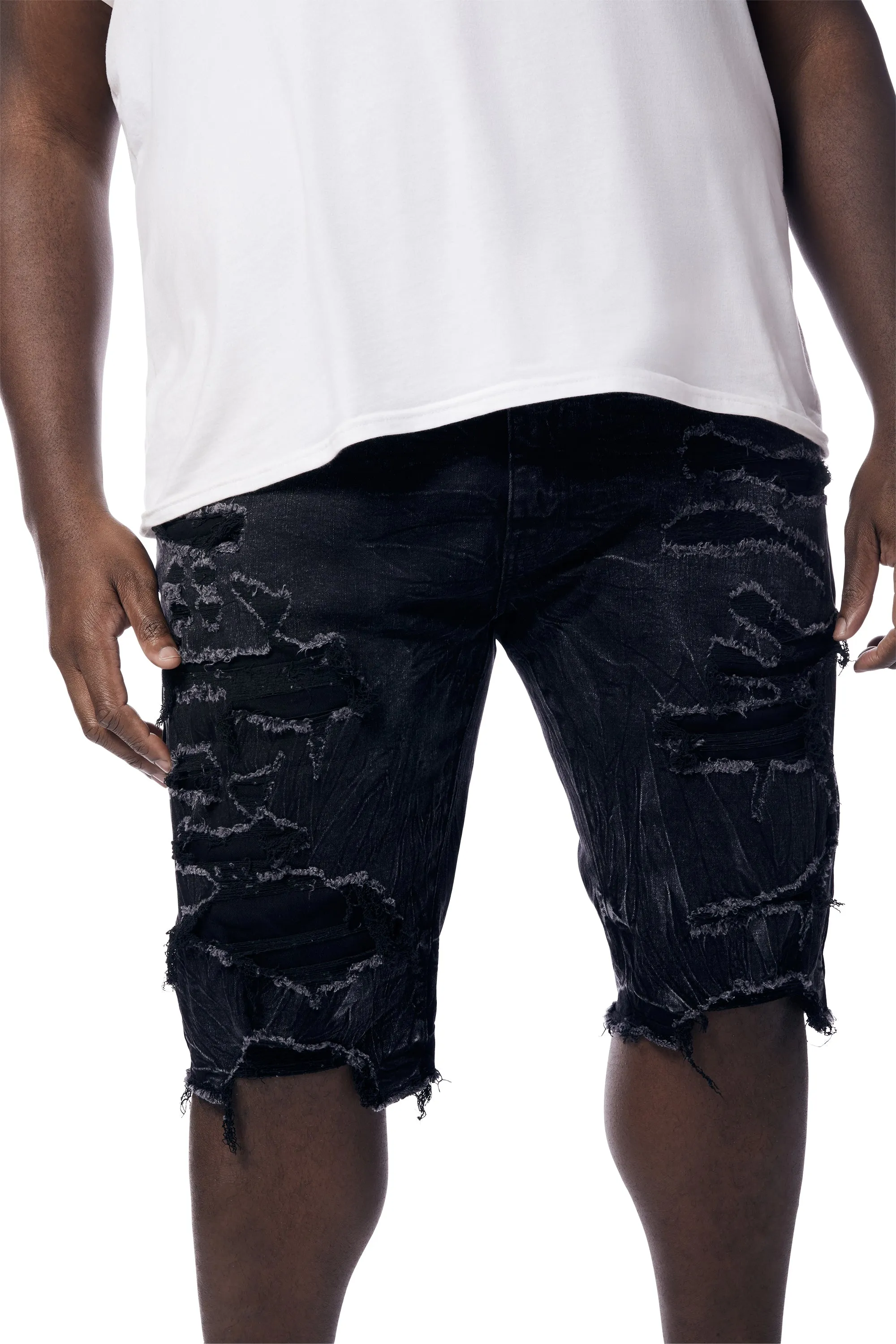 Big and Tall - Distressed Rip & Repair Jean Shorts - Black Matrix