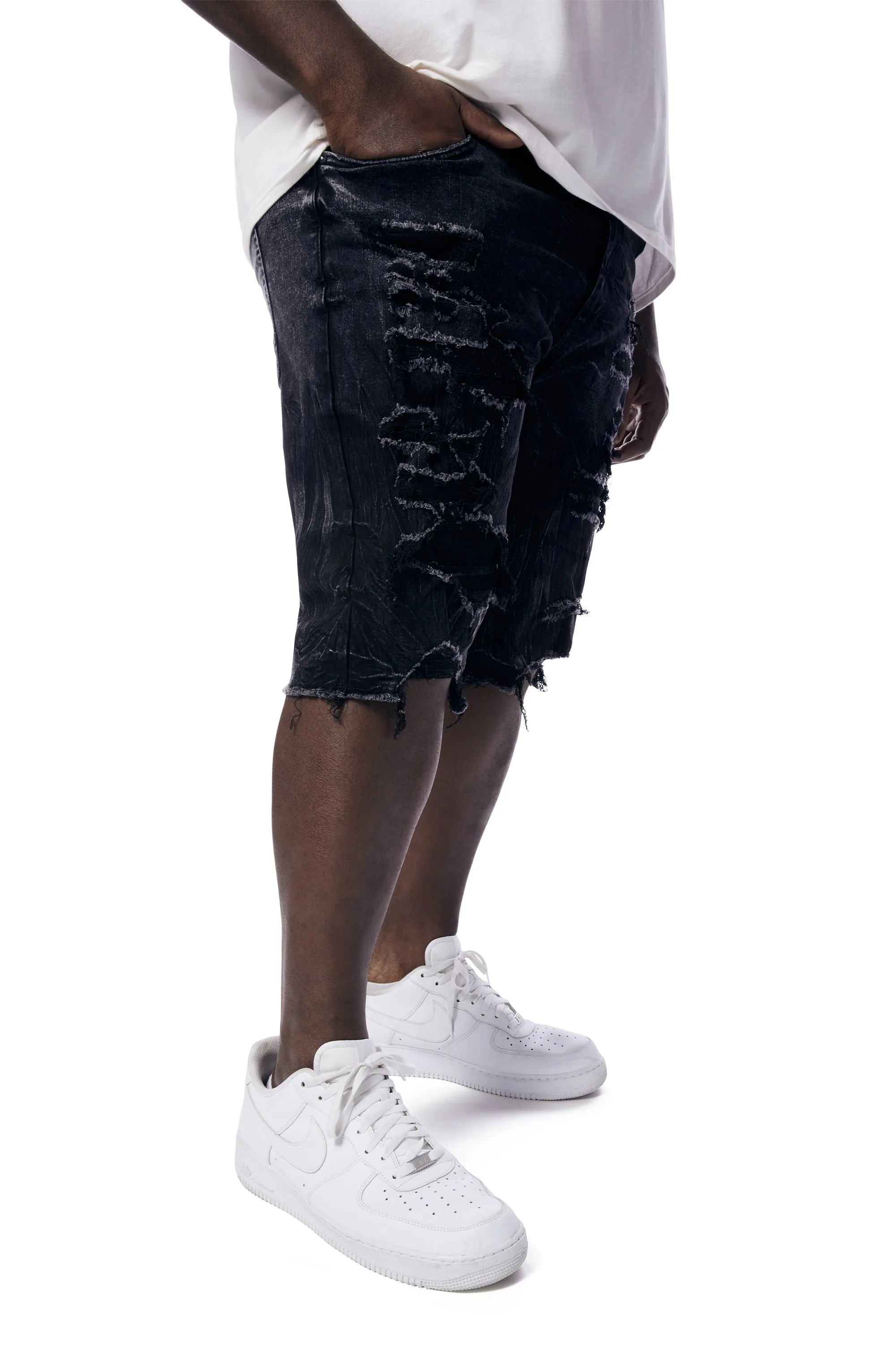 Big and Tall - Distressed Rip & Repair Jean Shorts - Black Matrix