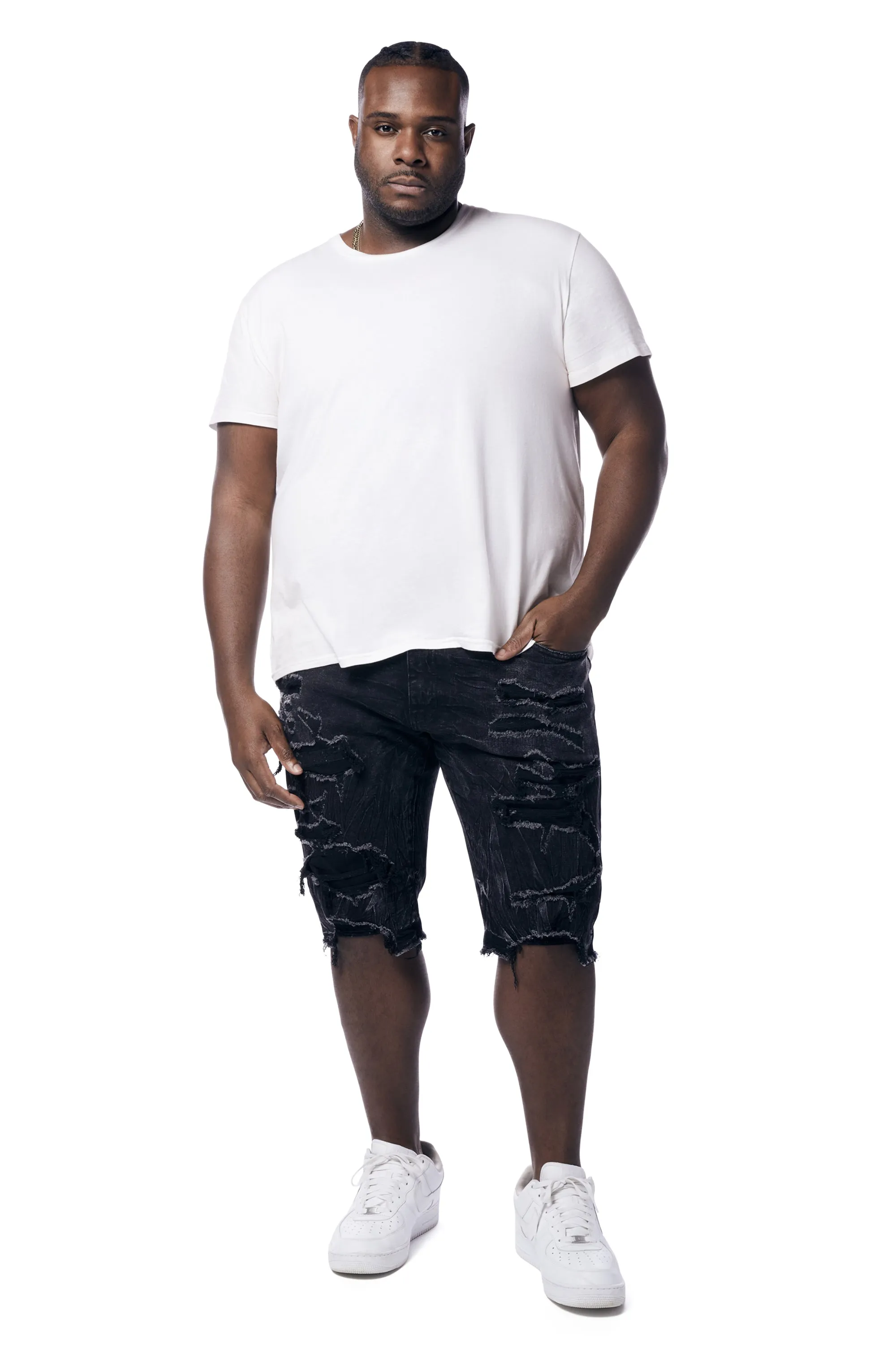 Big and Tall - Distressed Rip & Repair Jean Shorts - Black Matrix