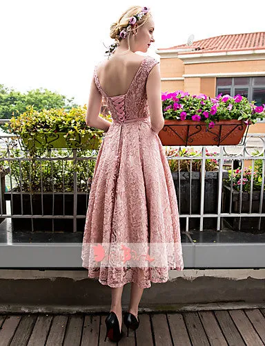 Blush Pink Lace With Beads Cap Sleeve Lace Up Back Homecoming Dresses,BD0166