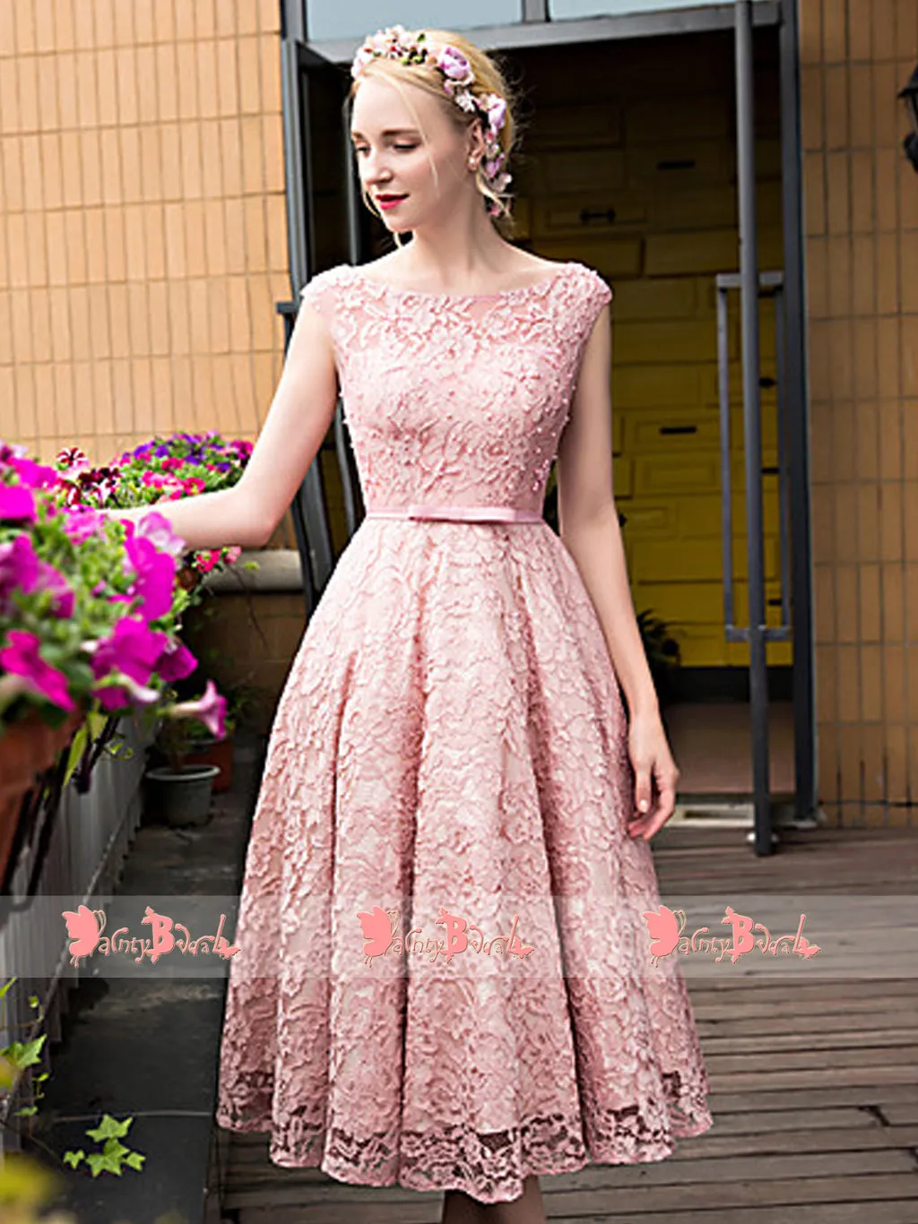 Blush Pink Lace With Beads Cap Sleeve Lace Up Back Homecoming Dresses,BD0166