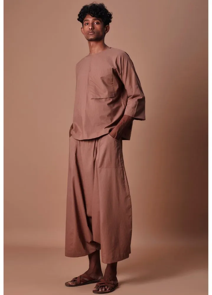 Brown Cross Pocket Top & Harem Pants Set