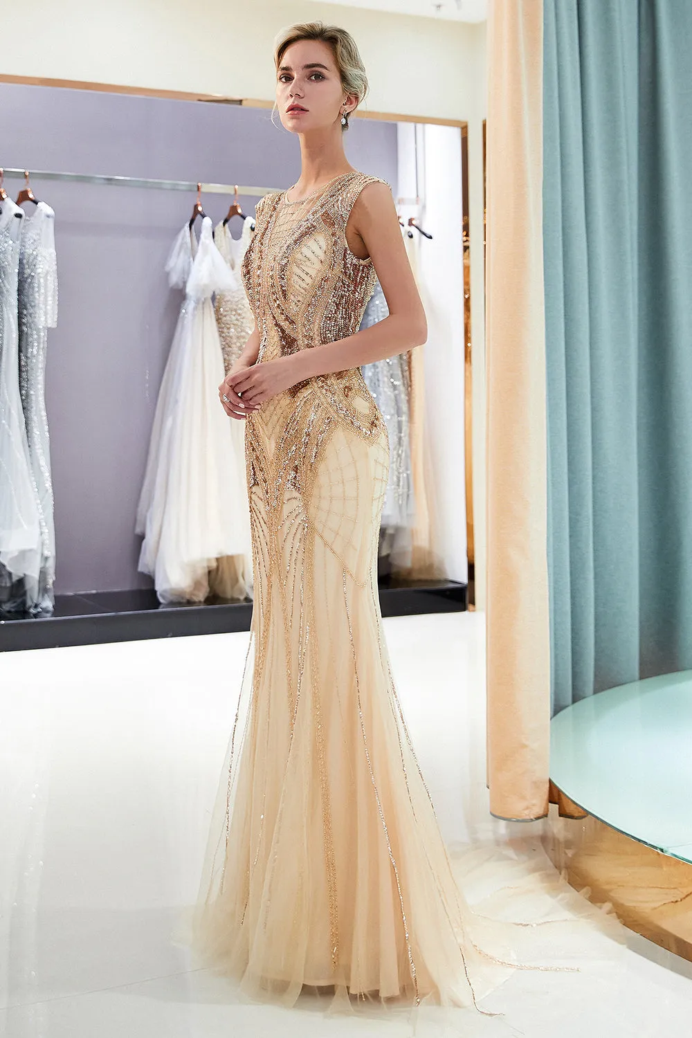 Champagne Long Mermaid Jewel Beading Sequins Evening Dresses