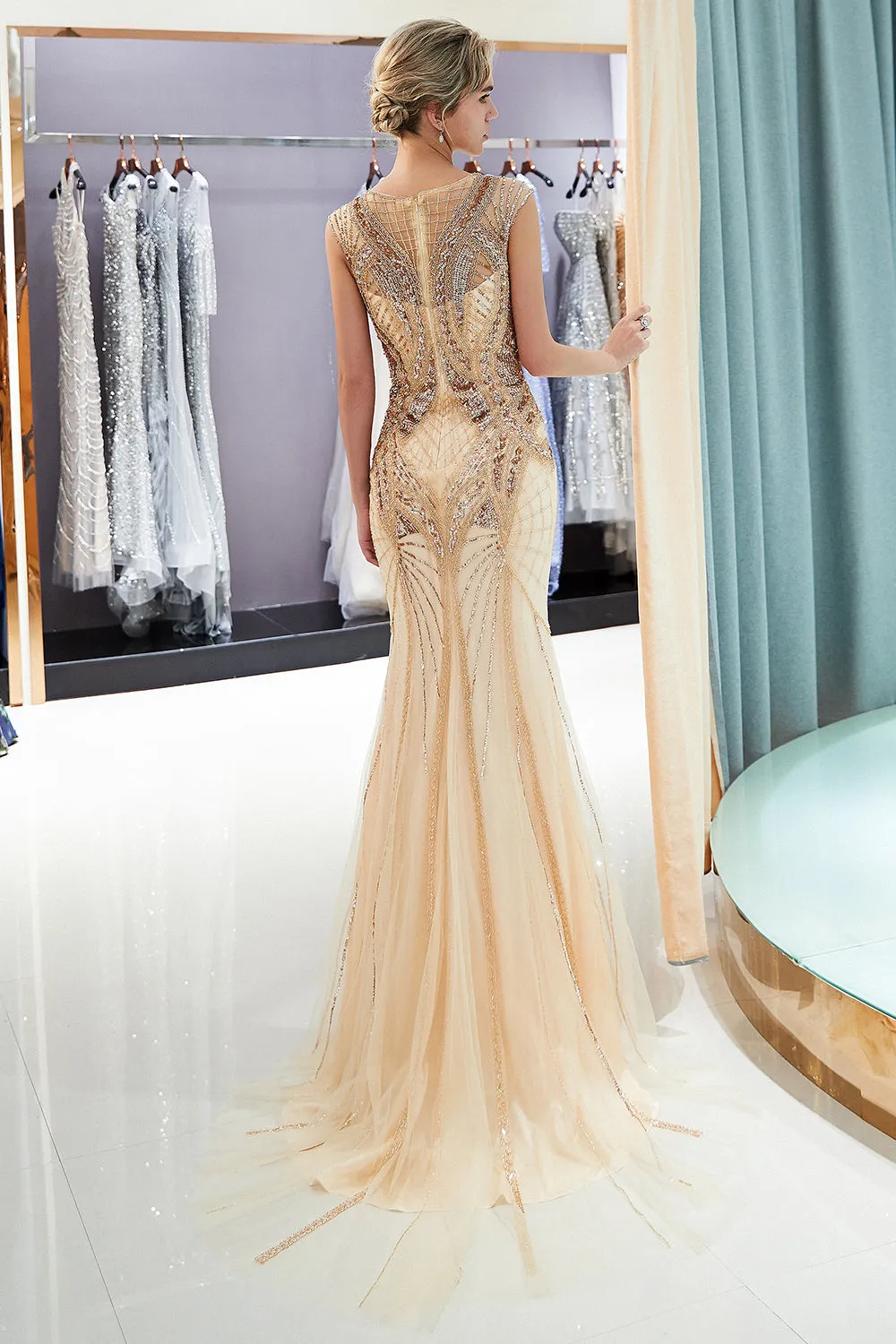 Champagne Long Mermaid Jewel Beading Sequins Evening Dresses