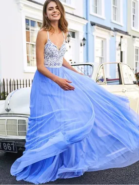 Charming V-neck Tulle  A-line Long Prom Dresses Evening Dresses.DB10613