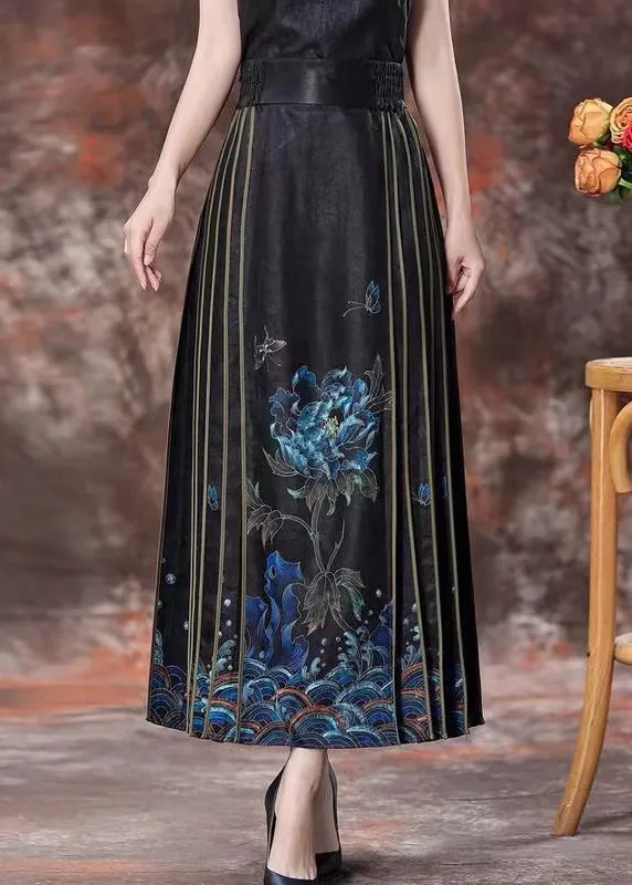 Chinese Style Black Print High Waist Silk Skirts Spring QQ1043