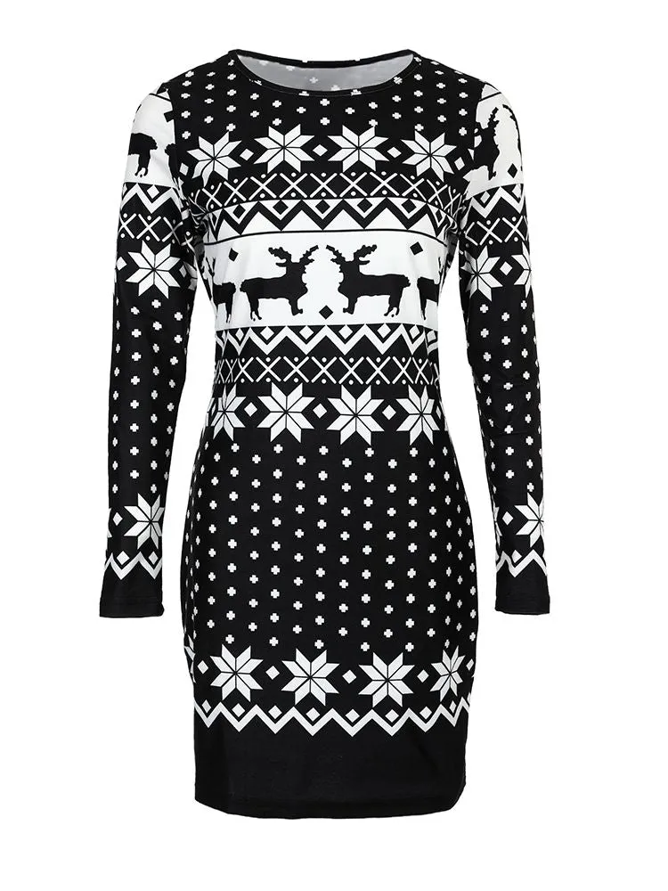 Christmas Long Sleeve Snowflake Elk Print Mini Dress