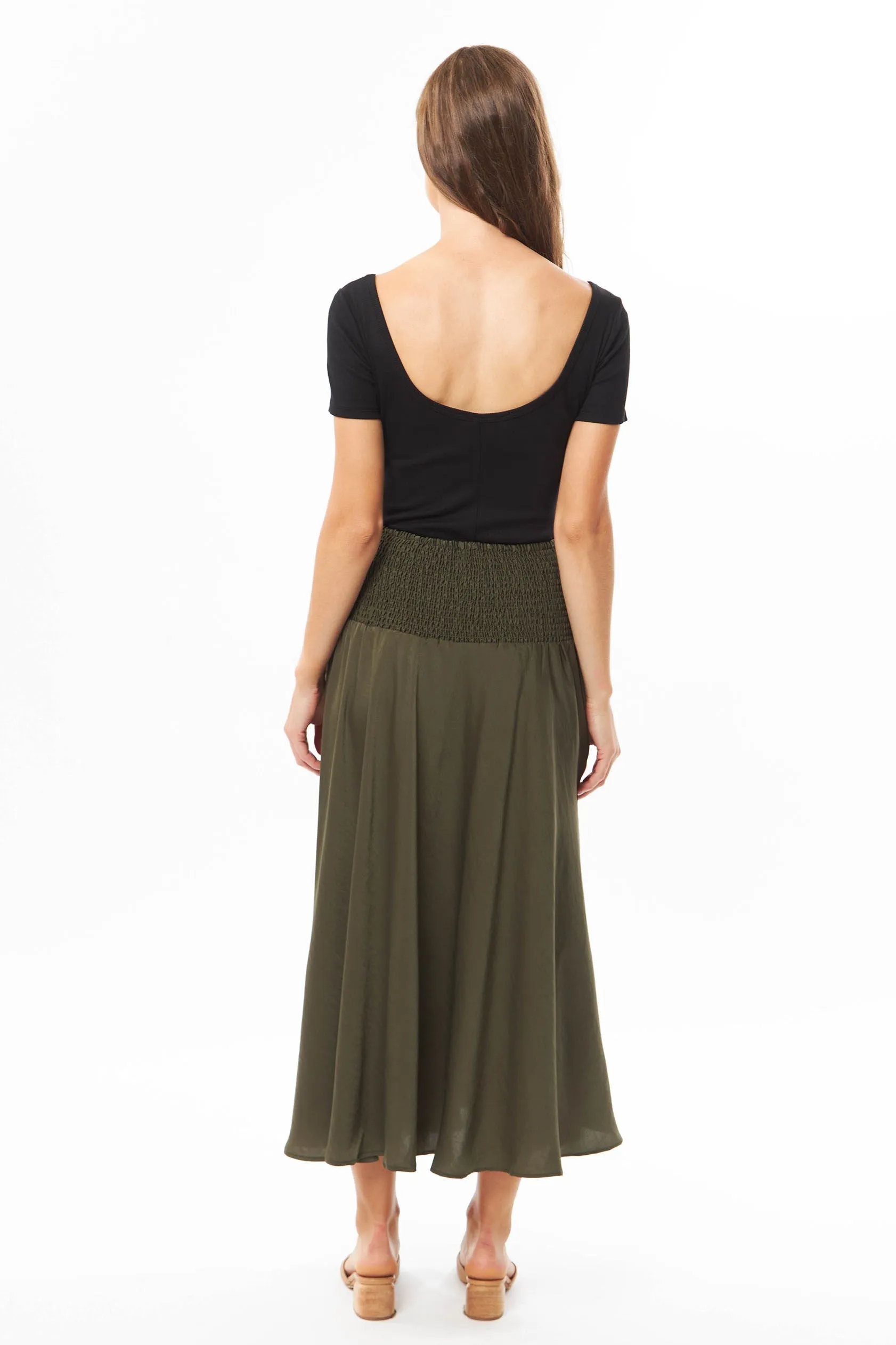 Dazzling Khaki Satin Shirred Waist Maxi Skirt