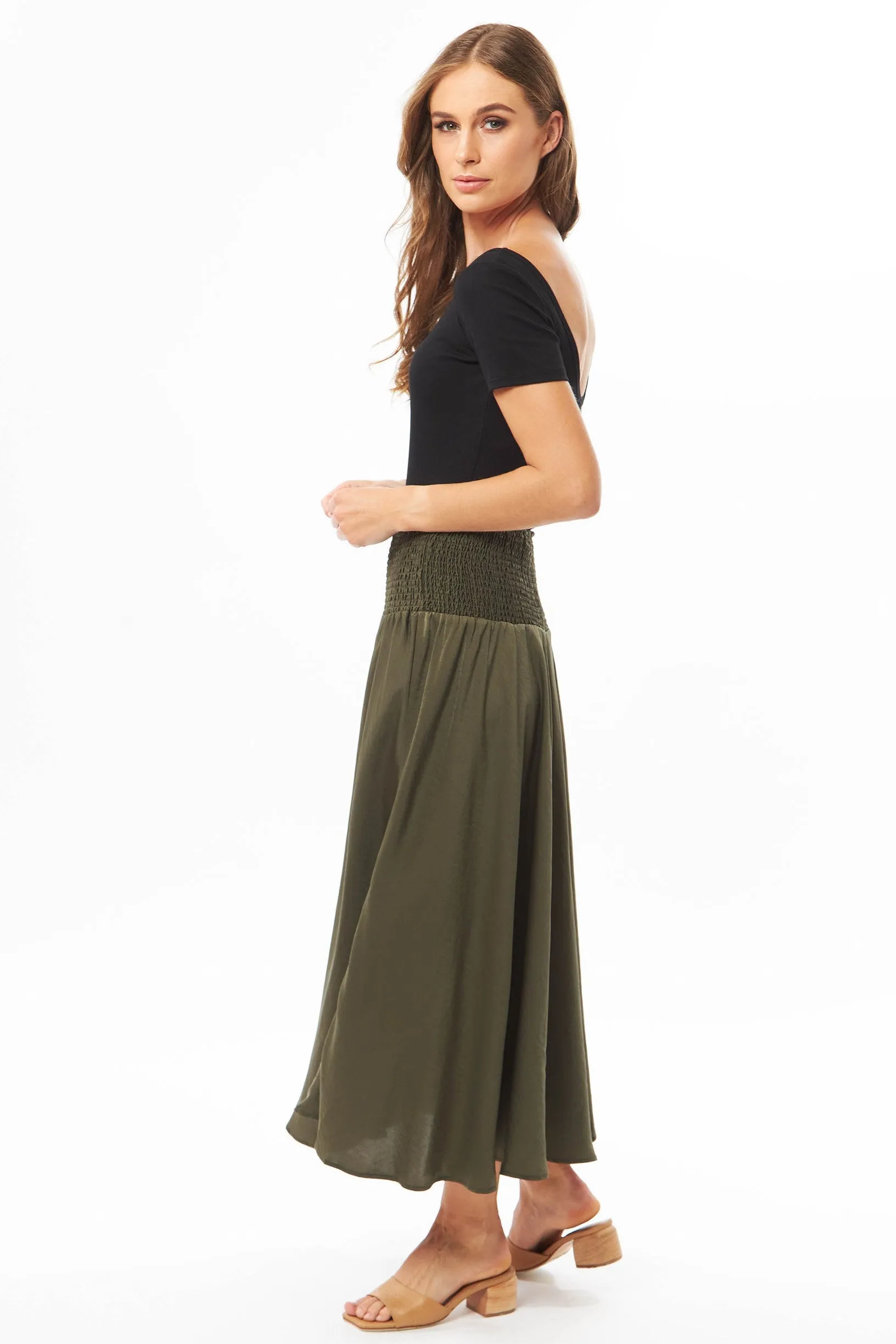 Dazzling Khaki Satin Shirred Waist Maxi Skirt