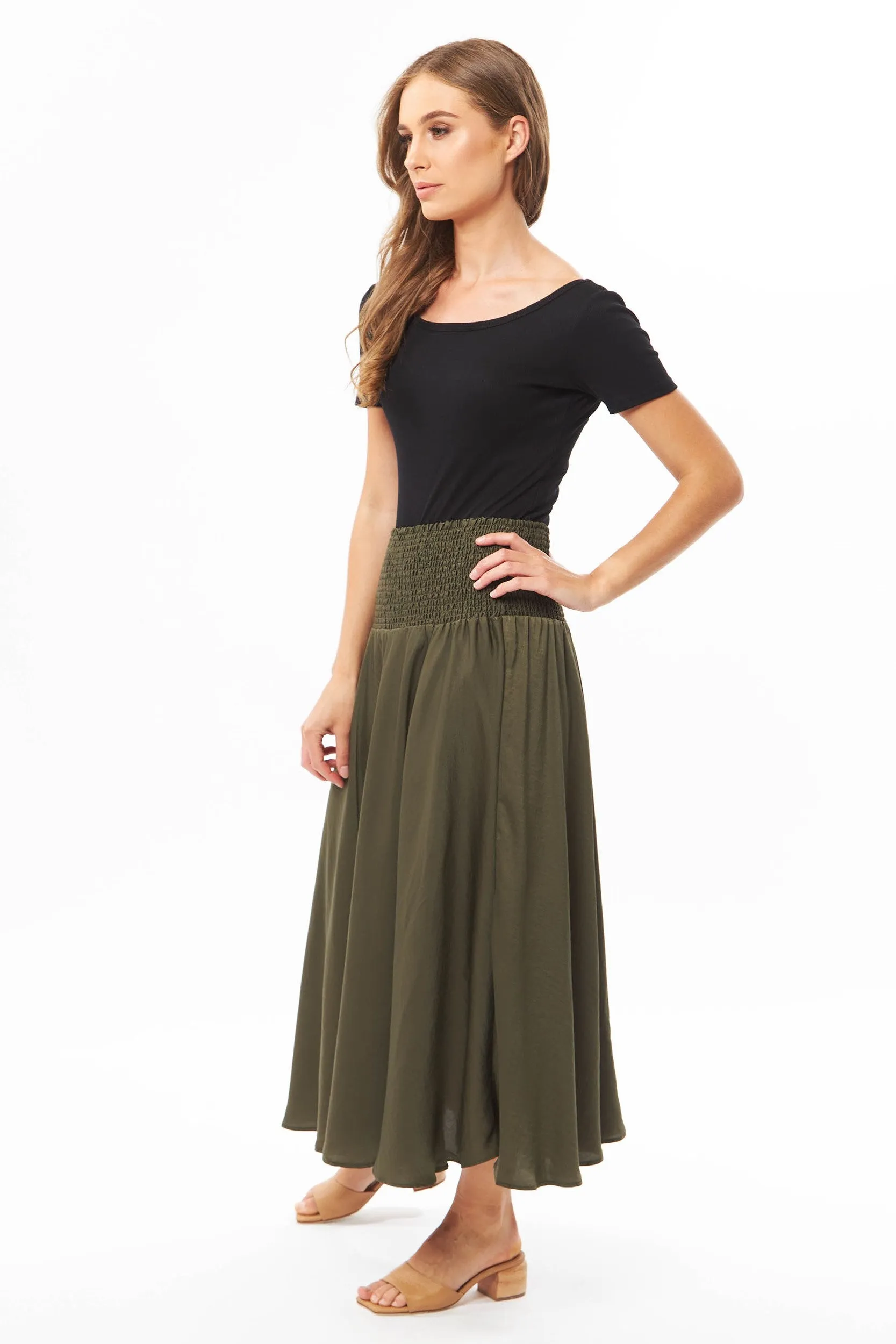 Dazzling Khaki Satin Shirred Waist Maxi Skirt