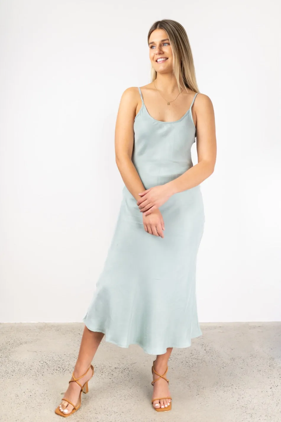 Golden Hour Sea Green Cupro Bias Slip Midi Dress