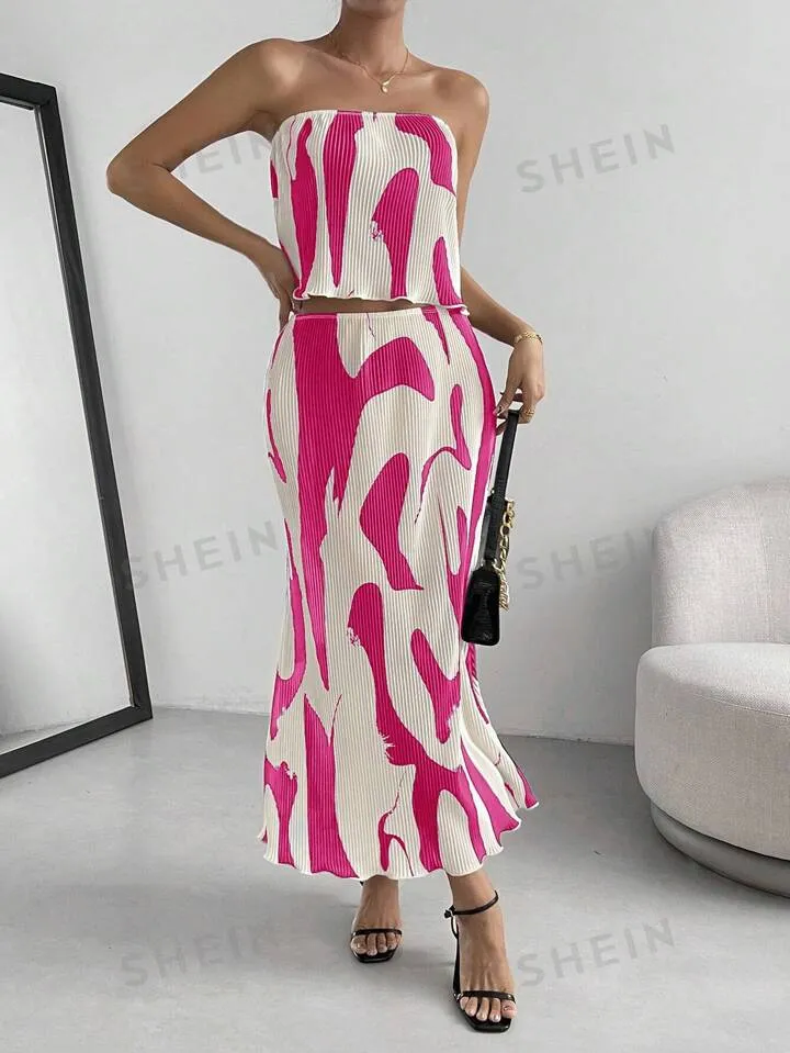 Graphic print tube tope & skirt in pink