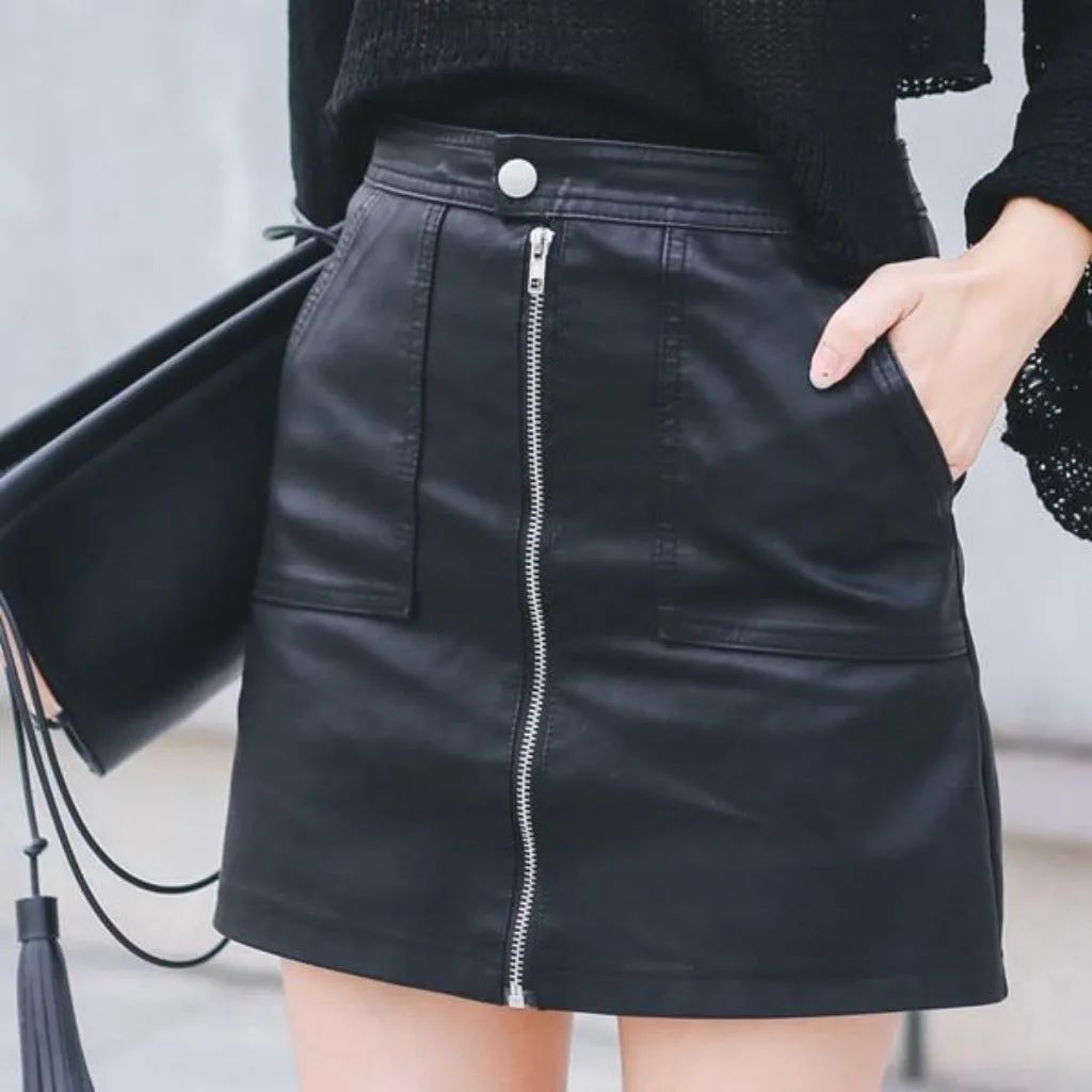 Leather Pockets Zipper A line Hip High Waist Sexy Mini Skirt