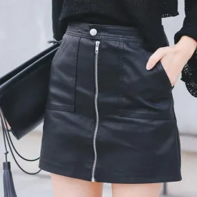 Leather Pockets Zipper A line Hip High Waist Sexy Mini Skirt