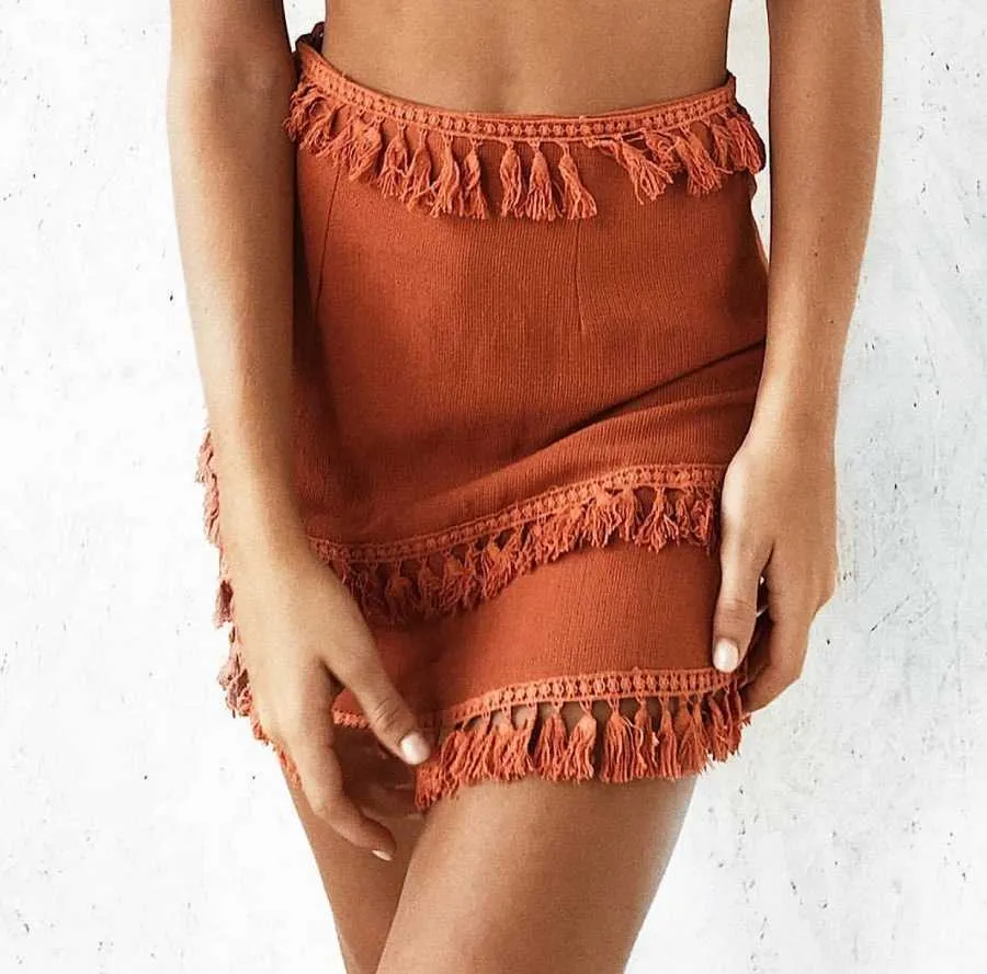 Linen Cotton Boho Chic Layered Tassels High Waist Pom Poms Mini Skirts