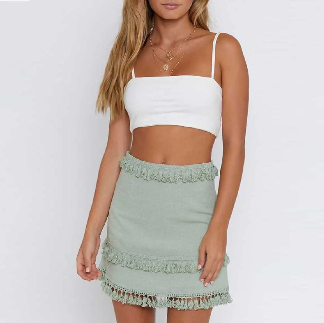 Linen Cotton Boho Chic Layered Tassels High Waist Pom Poms Mini Skirts